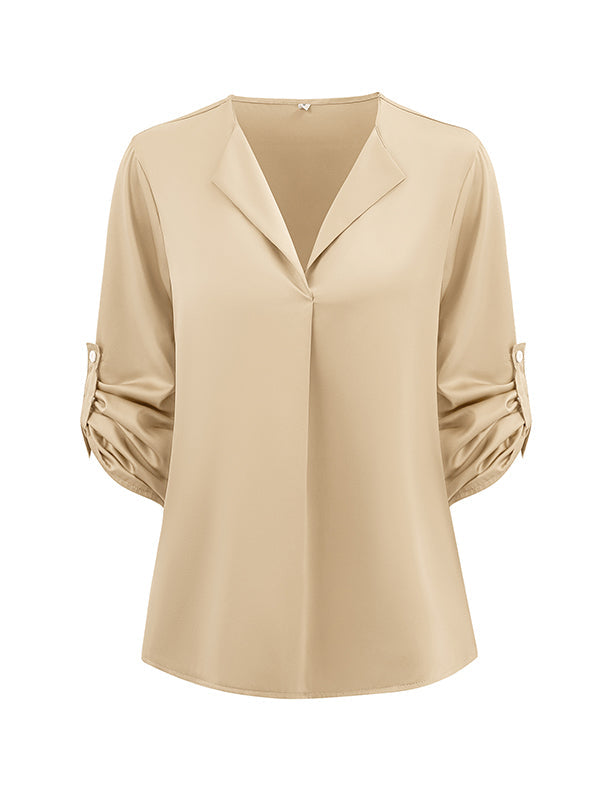 Elasticity Solid Color Long Sleeves Loose V-neck Blouses&shirts Tops