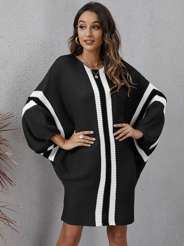 Original Loose 4 Colors Striped Round-Neck Batwing Long Sleeves Sweater Dress