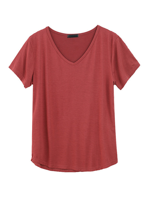Simple Casual Solid Color V-Neck Short Sleeves T-Shirt Top