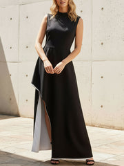 Contrast Color Irregular Clipping Skinny Round-Neck Maxi Dresses