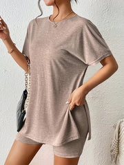Solid Color Split-Joint Split-side Loose Raglan Sleeve Round-neck Pajama Sets