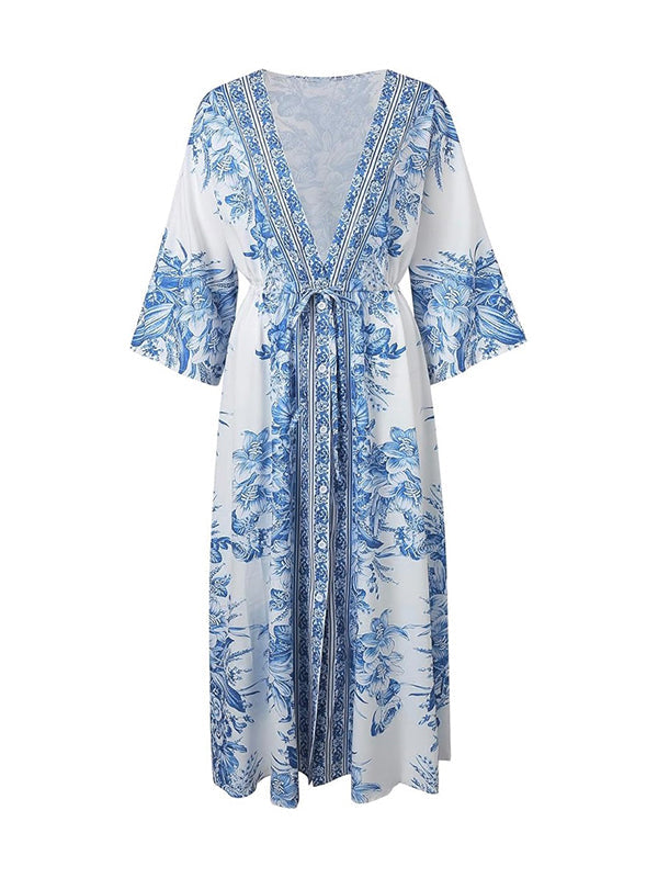 Buttoned Drawstring Flower Print Pleated Tied Waist Long Sleeves Loose V-Neck Maxi Dresses