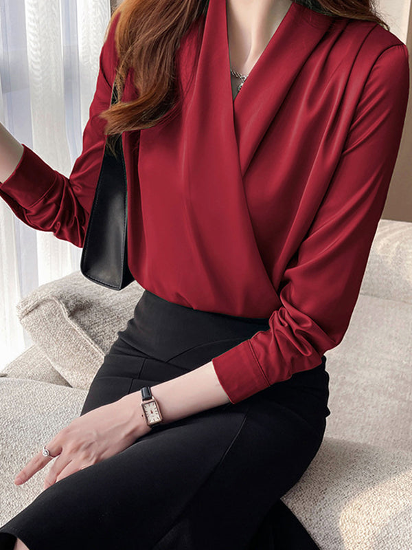 Buttoned Solid Color Long Sleeves Loose V-Neck Blouses&Shirts Tops