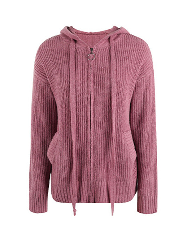Casual Long Sleeves Hooded Solid Color Cardigan Tops