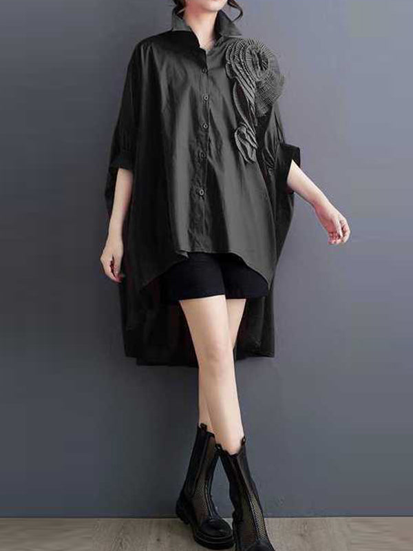 Asymmetric Buttoned Pleated Solid Color Three-Dimensional Flower Batwing Sleeves Half Sleeves Lapel Blouses&Shirts Tops