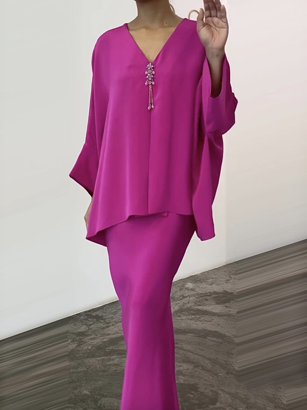 V-Neck Batwing Sleeves Loose Rhine Stones Tasseled Shirts Top + Skirts Bottom Two Pieces Set
