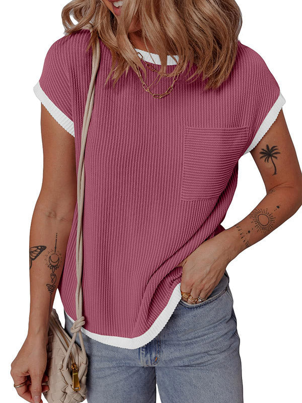 Colorful Contrast Color Pockets Loose Short Sleeves Round-neck T-Shirts Tops