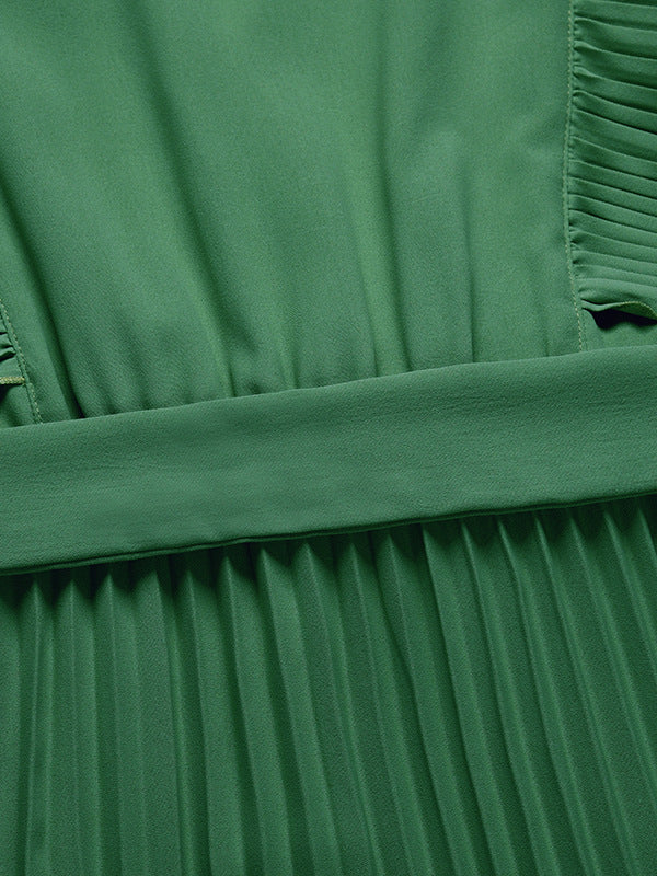 Floral Pleated Solid Color Split-Joint Tied Waist Loose Sleeveless V-Neck Maxi Dresses