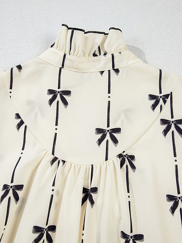 Bowknot Contrast Color Printed Split-Joint A-Line Loose Stand Collar Midi Dresses