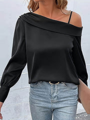 Asymmetric Solid Color Long Sleeves Loose One-Shoulder T-Shirts Tops