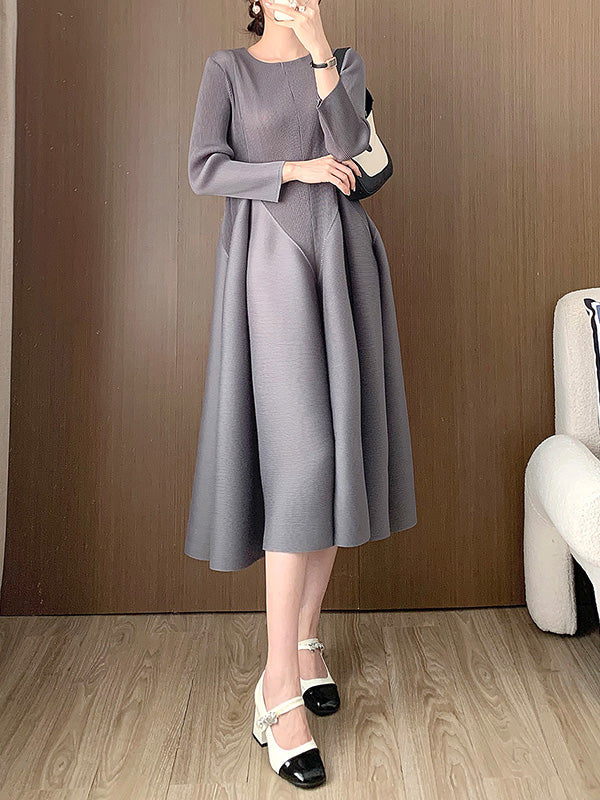 Pleated Solid Color Split-Joint A-Line Loose Round-Neck Midi Dresses