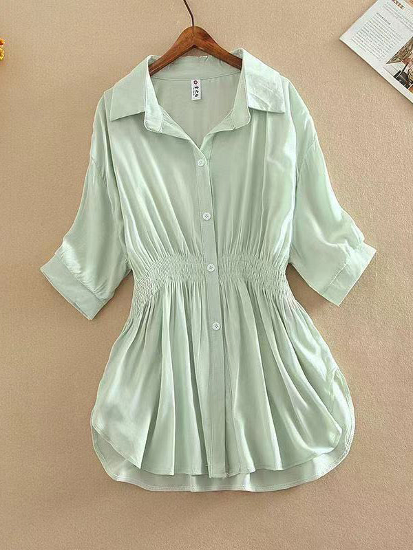 Buttoned Pleated Solid Color High-Low Loose Lapel Blouses&Shirts Tops