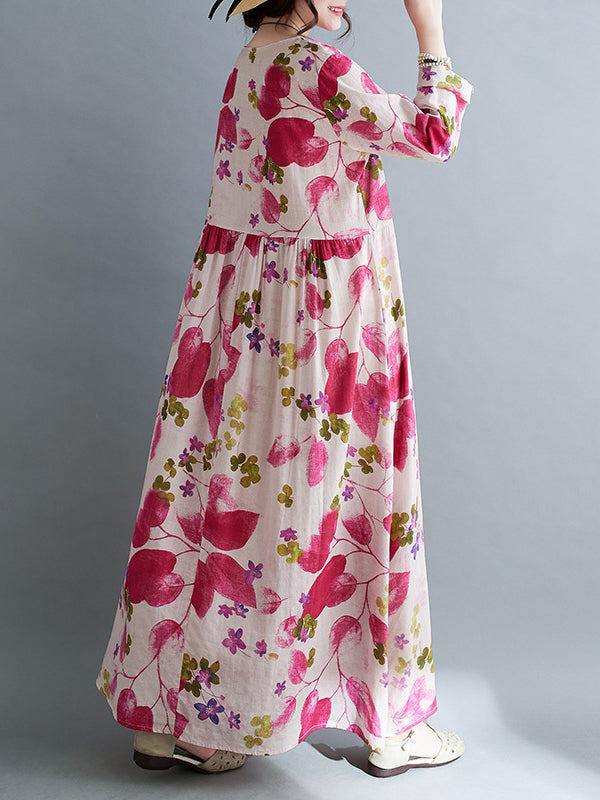 Flower Print Split-Joint Long Sleeves Loose Round-Neck Midi Dresses