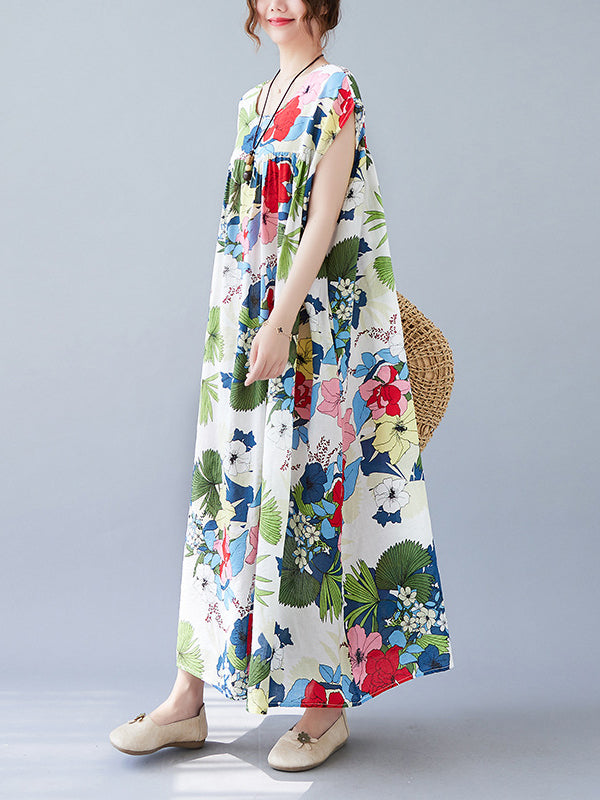 Original Loose Artistic Retro Floral Printed Pleated Midi Dress