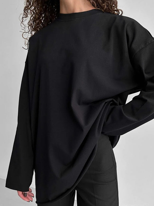 Solid Color Long Sleeves Loose Round-Neck T-Shirts Tops