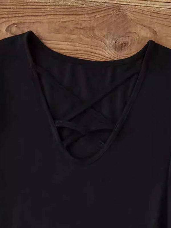 Hollow Solid Color Long Sleeves Skinny V-Neck T-Shirts Tops