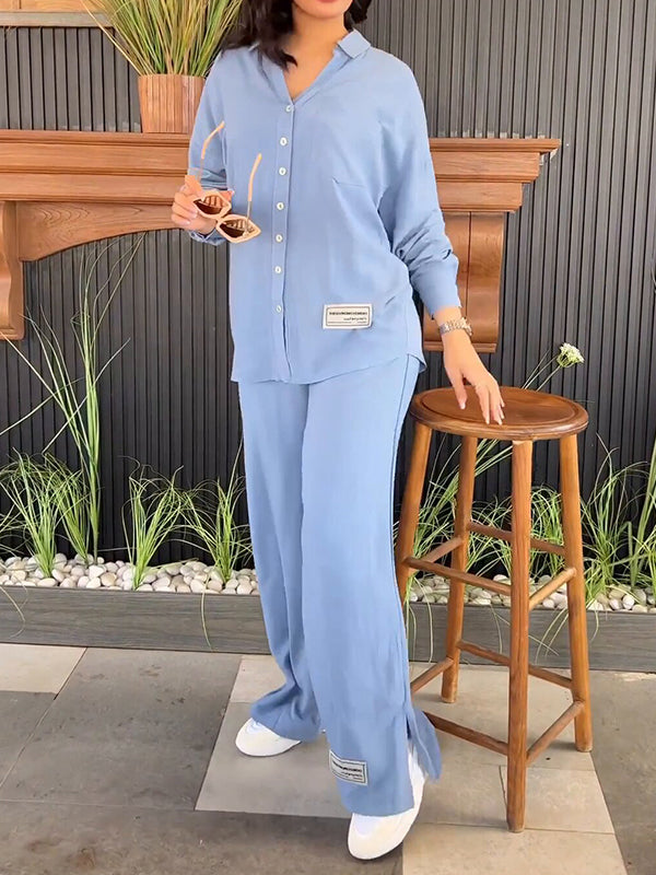 Solid Color Long Sleeves Buttoned Lapel Shirts Top + High Waisted Split-Side Pants Bottom Two Pieces Set