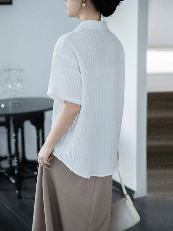 Buttoned Pockets Solid Color Split-Joint Loose Short Sleeves Notched Collar Blouses&Shirts Tops