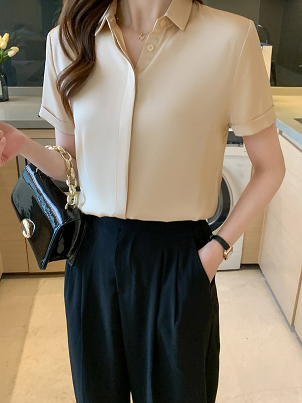 Buttoned Solid Color Split-Joint Loose Short Sleeves Lapel Blouses&Shirts Tops