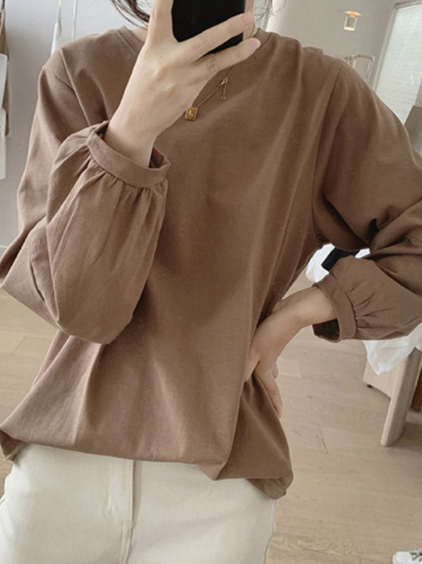 Pleated Solid Color Long Sleeves Loose Round-Neck T-Shirts Tops