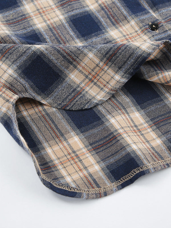 Plaid Split-Joint Long Sleeves Loose Lapel Blouses
