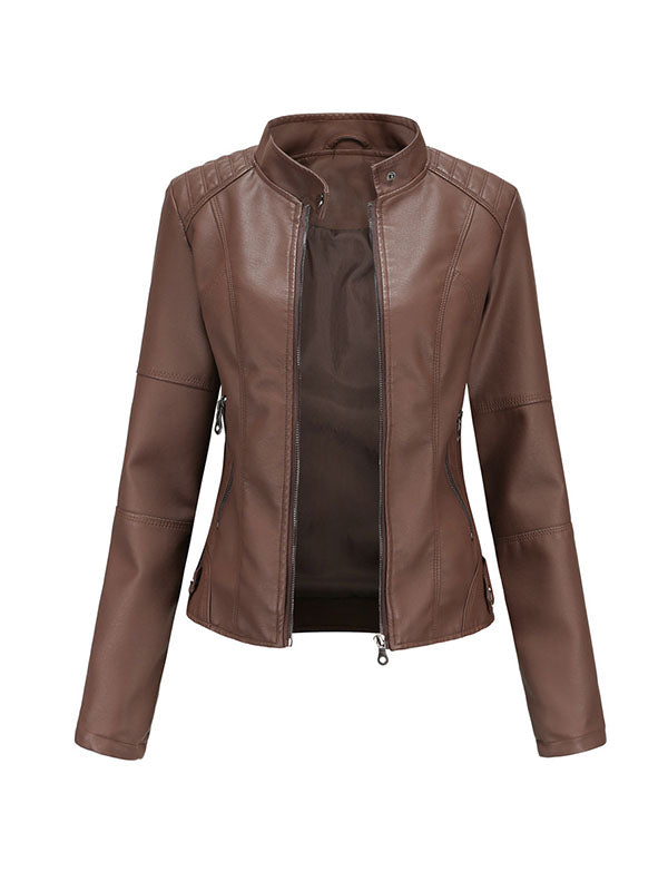 Buttoned Pockets Zipper Long Sleeves Plus Size Stand Collar Outerwear Jackets