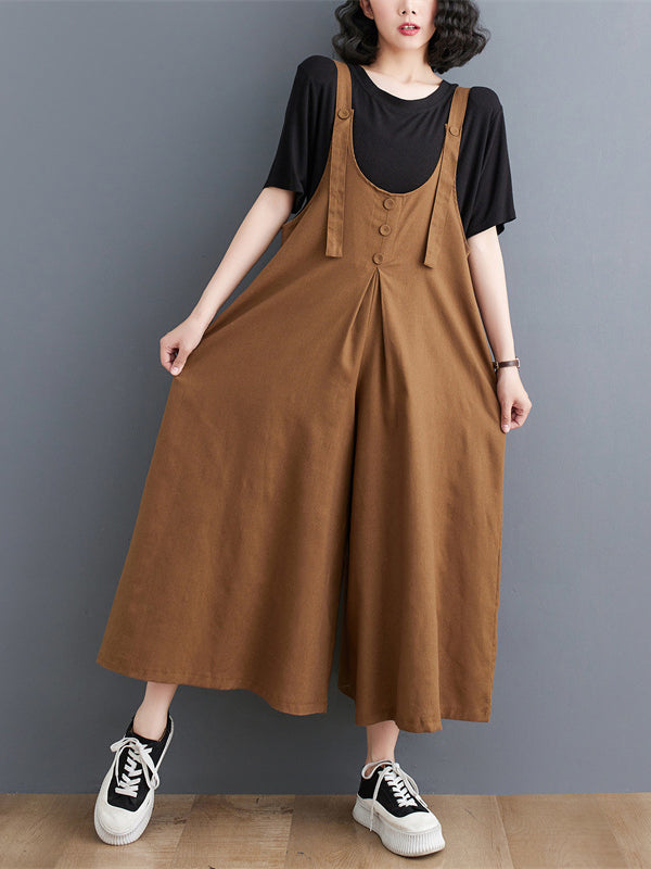 Buttoned Solid Color Ninth Pants Wide Leg Spaghetti-Neck Overalls