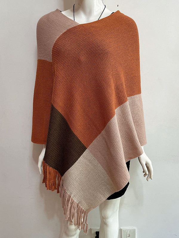 Asymmetric Color-Block Tasseled Loose V-Neck Shawl&Cloak Cape