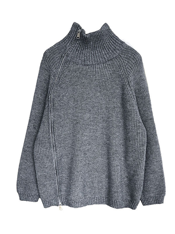 Urban Loose Long Sleeves Split-Side Solid Color Zipper Halter-Neck Sweater Tops