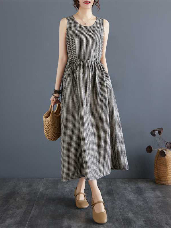 Drawstring Elasticity Plaid Pockets A-Line Loose Round-Neck Midi Dresses