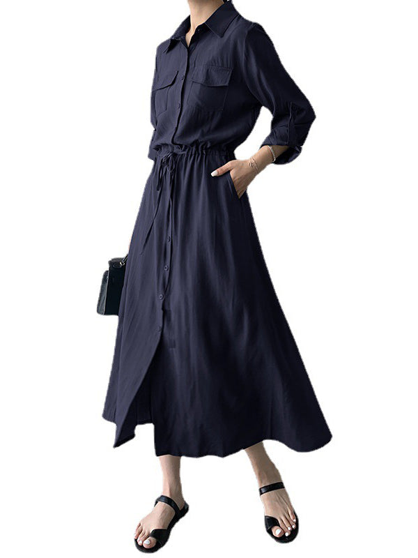 Casual A-Line Long Sleeves Bandage Solid Color Lapel Collar Shirt Midi Dresses