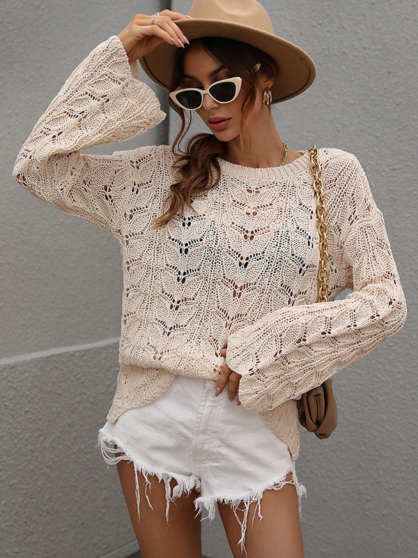 Original Creation Long Sleeves Loose Hollow Solid Color Round-Neck Sweater Tops