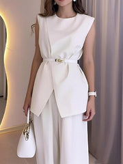 Loose Sleeveless Split-Front Split-Joint Round-Neck Vest Top