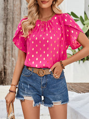 Bronzing Hollow Pleated Polka-Dot Loose Short Sleeves Round-Neck T-Shirts Tops