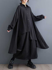 Asymmetric Buttoned Solid Color Split-Joint High-Low Long Sleeves Lapel Blouses&Shirts Tops