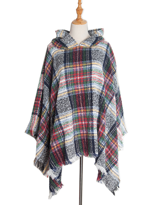 Fringed Hooded Keep Warm Plaid Shawl&Cloak Cape
