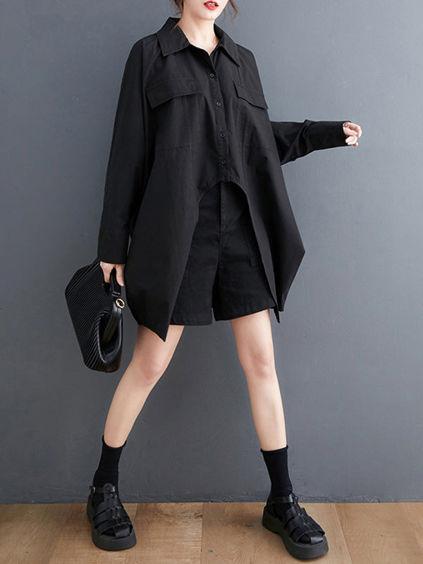 Casual Long Sleeves Irregularity Buttoned Solid Color Lapel Collar Blouses&Shirts Tops