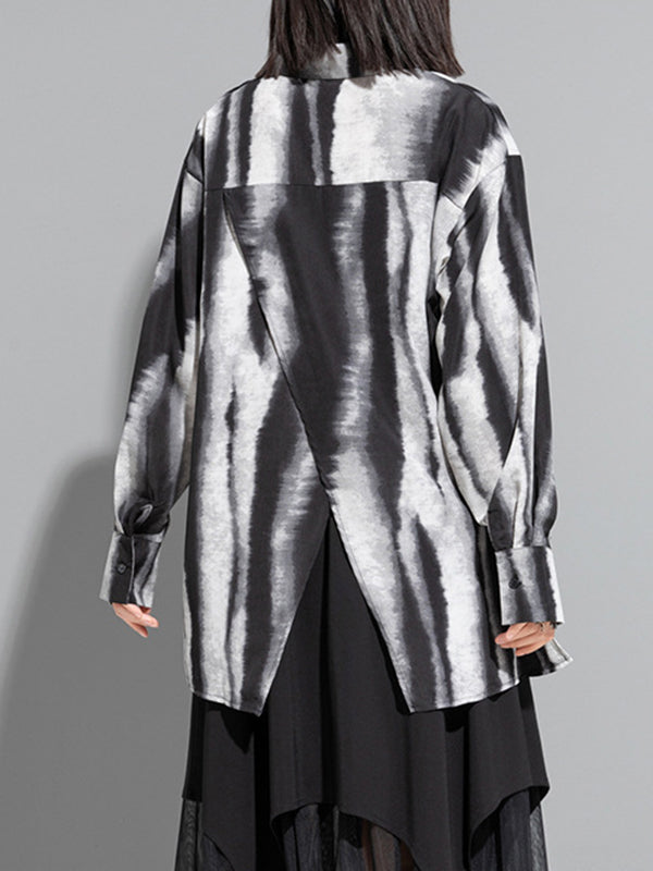 Split-back Tie-dyed Irregular clipping Long Sleeves Lapel Shirts Tops