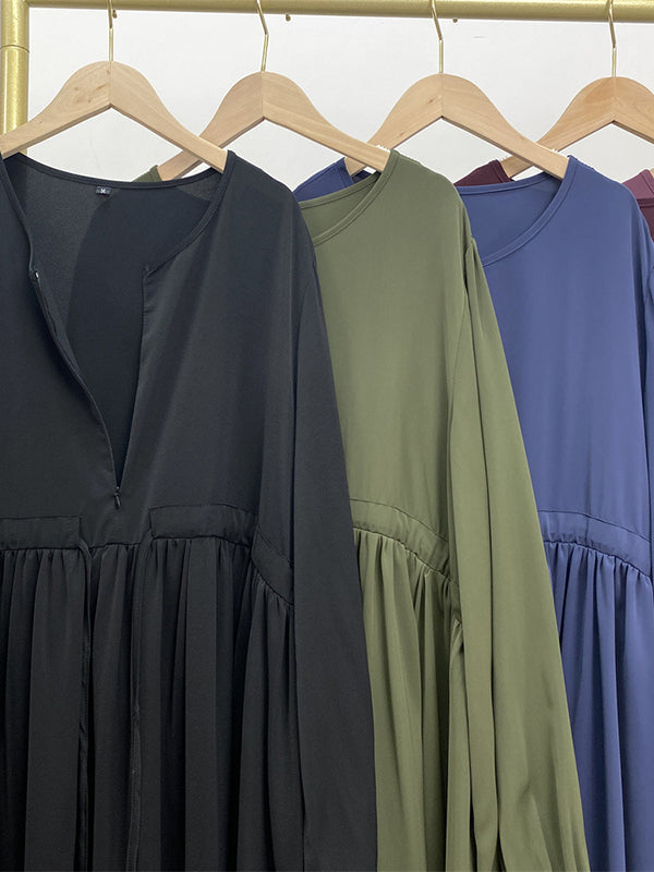 Drawstring Elasticity Muslim Pleated Solid Color Zipper Long Sleeves Loose Round-Neck Maxi Dresses