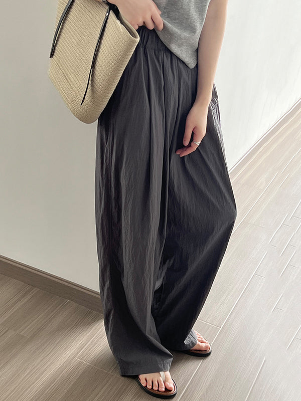 Elasticity Pleated Solid Color High Waisted Wide Leg Trousers Casual Pants Bottoms