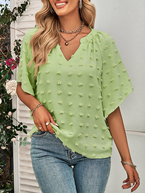 Jacquard Solid Color Half Sleeves Loose V-Neck T-Shirts Tops
