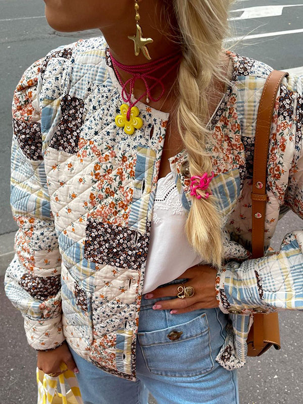 Buttoned Flower Print Pleated Pockets Quilted Split-Joint Long Sleeves Loose Round-Neck Padded Coat