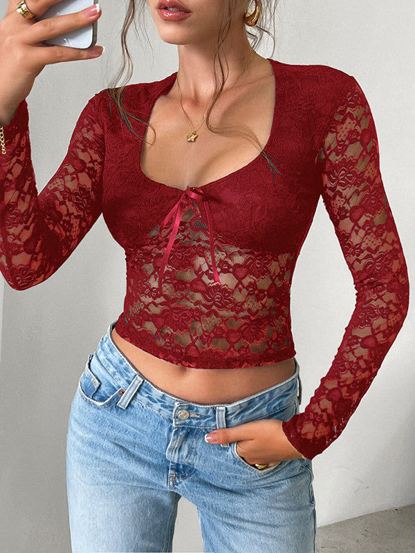 Bow-Embellished Flower Print Hollow See-Through Split-Joint Tied Long Sleeves Skinny Square-Neck Blouses&Shirts Tops