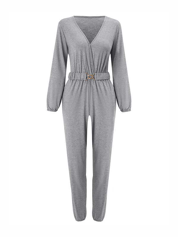 Belted Elasticity Long Sleeves V-neck Jumpsuits