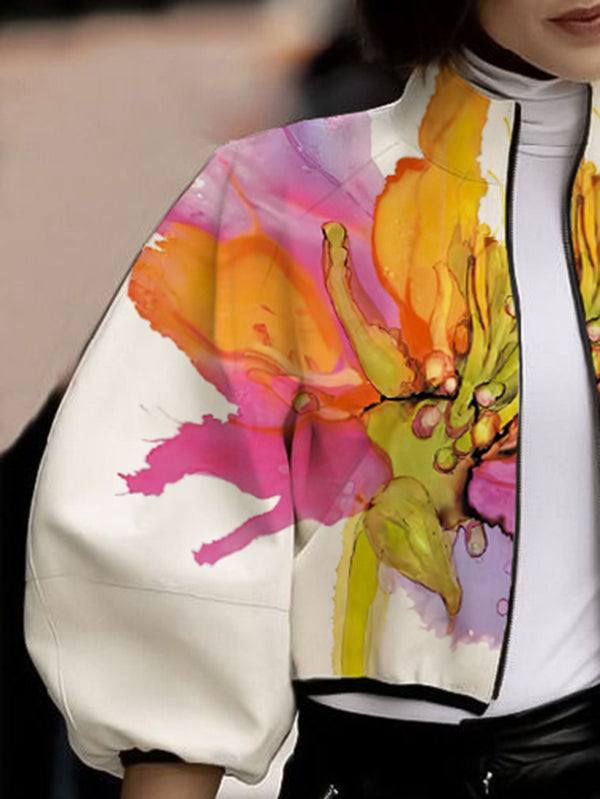 Asymmetric Floral Printed Split-Joint Loose Puff Sleeves High Neck Outerwear