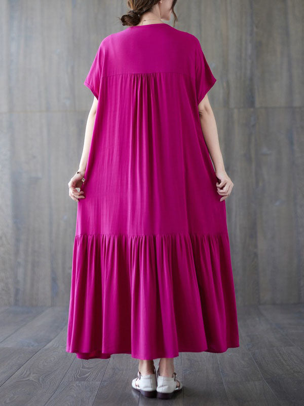 Lace-Up Pleated Solid Color Split-Joint Loose Short Sleeves Round-Neck Midi Dresses