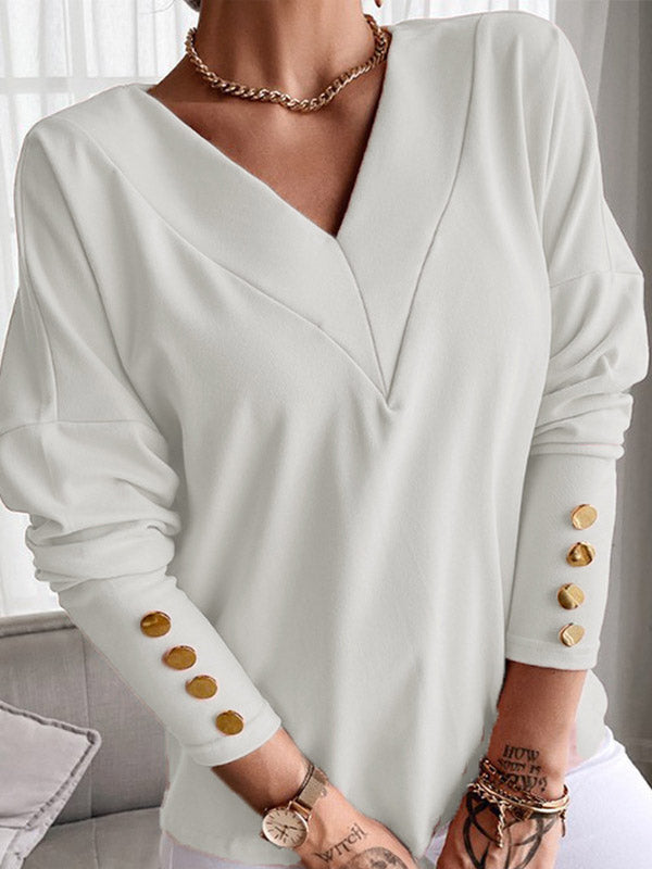 Buttoned Long Sleeves Loose V-Neck T-Shirts Tops