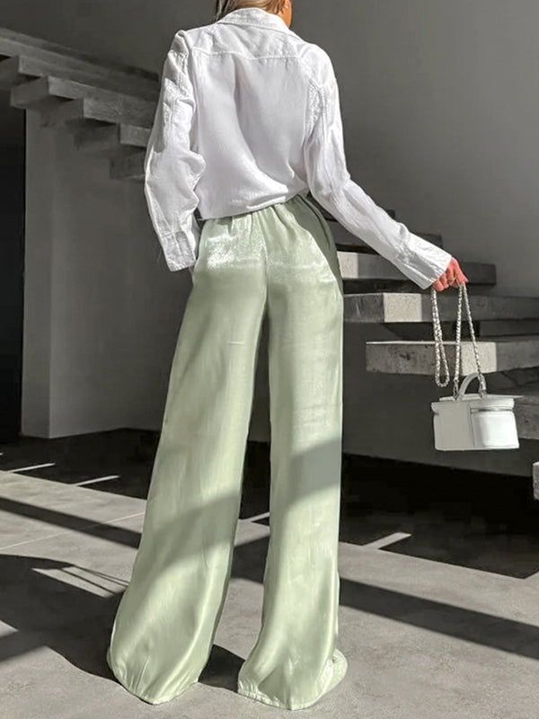 Elasticity Shiny Solid Color Split-Joint High Waisted Loose Trousers Pants