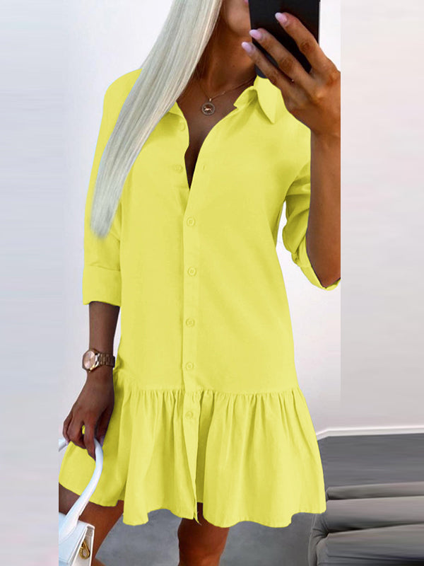 Buttoned Pleated Solid Color Split-Joint Long Sleeves Loose Lapel Shirt Dress Mini Dresses