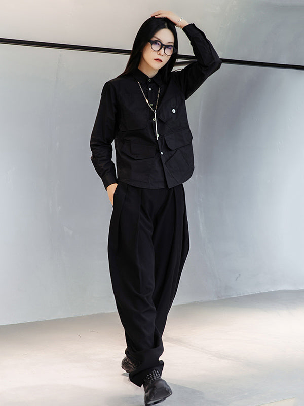 Simple Black Lapel Pockets Blouse